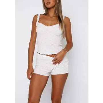 Seyurigaoka Women Y2k 2 Piece Lace Shorts Set Sleeveless V Neck Cami Top with Shorts Pajamas Sets Sleepwear(lace strap blue floral,Small)