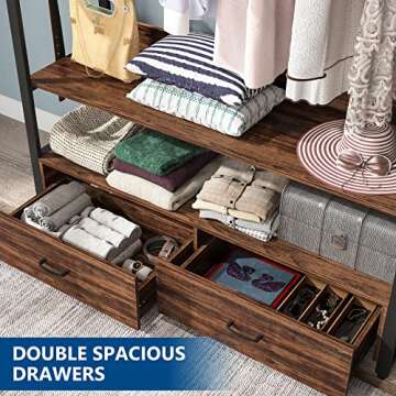 Tribesigns Freestanding Clothes Rack with 2 Drawers, Closet Organizer with Shelves and Hooks, Heavy Duty Garment Clothing Wardrobe Storage Shelving with Hanging Rod, Rustic