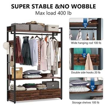 Tribesigns Freestanding Clothes Rack with 2 Drawers, Closet Organizer with Shelves and Hooks, Heavy Duty Garment Clothing Wardrobe Storage Shelving with Hanging Rod, Rustic
