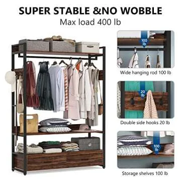 Tribesigns Freestanding Clothes Rack with 2 Drawers, Closet Organizer with Shelves and Hooks, Heavy Duty Garment Clothing Wardrobe Storage Shelving with Hanging Rod, Rustic