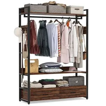 Tribesigns Freestanding Clothes Rack with 2 Drawers, Closet Organizer with Shelves and Hooks, Heavy Duty Garment Clothing Wardrobe Storage Shelving with Hanging Rod, Rustic