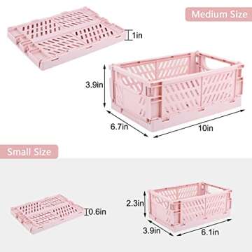Weraher Plastic Baskets for Desk Organizing, Drawer Organizer, 2 Medium+2 Small Durable Folding Storage Crate for Home Kitchen Classroom Office Bedroom and Bathroom (Pink)