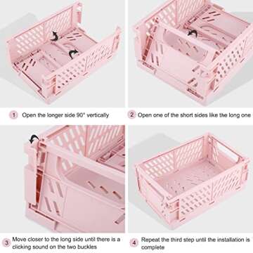 Weraher Plastic Baskets for Desk Organizing, Drawer Organizer, 2 Medium+2 Small Durable Folding Storage Crate for Home Kitchen Classroom Office Bedroom and Bathroom (Pink)