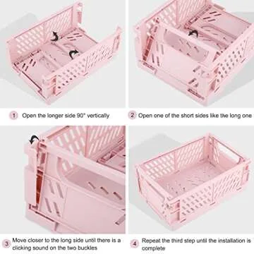 Weraher Plastic Baskets for Desk Organizing, Drawer Organizer, 2 Medium+2 Small Durable Folding Storage Crate for Home Kitchen Classroom Office Bedroom and Bathroom (Pink)