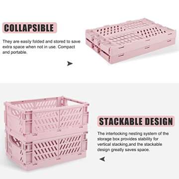 Weraher Plastic Baskets for Desk Organizing, Drawer Organizer, 2 Medium+2 Small Durable Folding Storage Crate for Home Kitchen Classroom Office Bedroom and Bathroom (Pink)