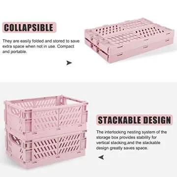 Weraher Plastic Baskets for Desk Organizing, Drawer Organizer, 2 Medium+2 Small Durable Folding Storage Crate for Home Kitchen Classroom Office Bedroom and Bathroom (Pink)
