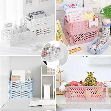 Weraher Plastic Baskets for Desk Organizing, Drawer Organizer, 2 Medium+2 Small Durable Folding Storage Crate for Home Kitchen Classroom Office Bedroom and Bathroom (Pink)