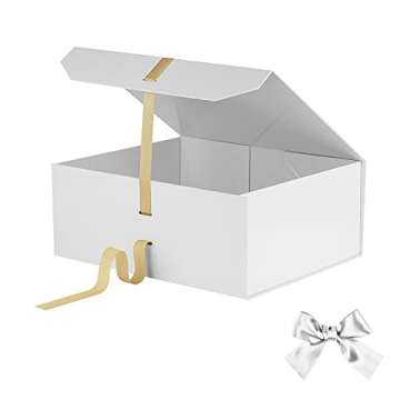 White Large Gift Box 13x11x5.3 Inches, Gift Box with Ribbon, Gift Box with Lid Magnetic Closure, Christmas Gift Box, Rectangle Collapsible Gift Boxes for men shoes (Glossy White)