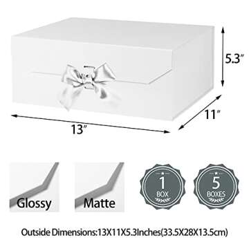 White Large Gift Box 13x11x5.3 Inches, Gift Box with Ribbon, Gift Box with Lid Magnetic Closure, Christmas Gift Box, Rectangle Collapsible Gift Boxes for men shoes (Glossy White)