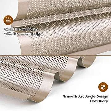 AMAGABELI GARDEN & HOME Nonstick French Baguette Pans For Baking 15"x11" Carbon Steel 3 Loaf Perforated Bread Tray Bake Mold Toast Cooking Oven Toaster Pan Cloche Waves Bakeware Golden BG285