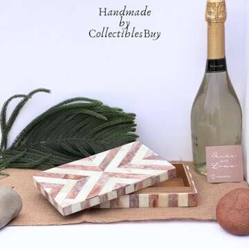 collectiblesBuy Handmade Natural Bone Inlay Jewelry Box – Chevron Design Rectangle Keepsake for Women & Girls, 8x5x1.5 Inches, Brown & White