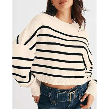 MEROKEETY Women's Long Sleeve Crew Neck Striped Crop Sweater Ribbed Knit Pullover Jumper Tops, Apricot, Large