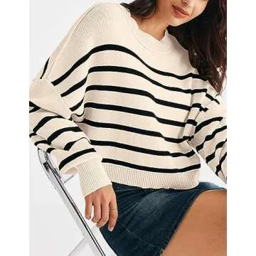 MEROKEETY Women's Long Sleeve Crew Neck Striped Crop Sweater Ribbed Knit Pullover Jumper Tops, Apricot, Large
