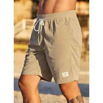 JMIERR Men's Corduroy Shorts Casual Elastic Waist Drawstring Lightweight Summer Beach Shorts for Resort Wear 38 (X-Large) Parchment