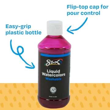 Sax Liquid Washable Watercolor Paint, 1/2 Pint, Assorted Colors, 8 Ounce (Pack of 8) - 1567858