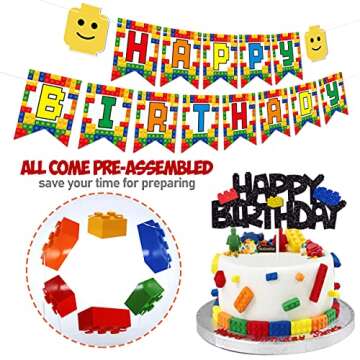Building Blocks Themed Birthday Party Decorations Pack - Includes Glitter Cake Topper Banners and Ba...