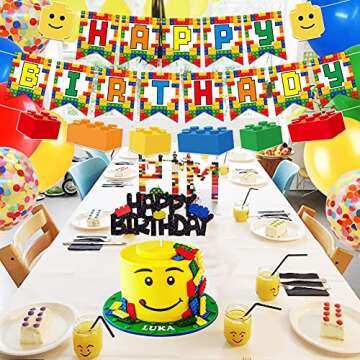 Building Blocks Themed Birthday Party Decorations Pack - Includes Glitter Cake Topper Banners and Balloons - Summer Colorful Themed Bday Party Pack Supplies