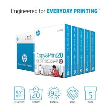 HP Printer Paper | 8.5 x 11 Paper | Copy &Print 20 lb | 5 Ream Case - 2500 Sheets| 92 Bright Made in...