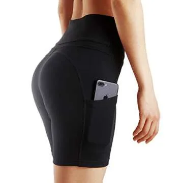 ChinFun Yoga Shorts for Women High Waist Tummy Control 4 Way Stretch Workout Running Shorts Side Pockets Black Size XL