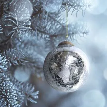 Set of 4 Silver Mercury Glass Ornaments (3.15" Vintage Crackle Ball) Perfect for Christmas Tree, Hanging Holiday Decoration, Gifts & Home Decor