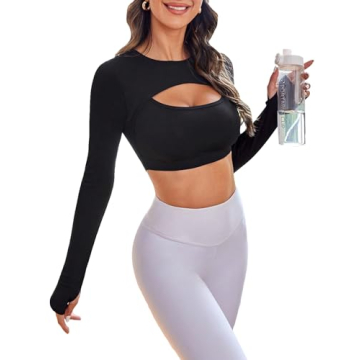 SHENHE Women's Cut Out Long Sleeve Athletic Compression Crop Top - Black