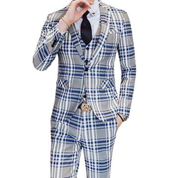Mens 3 Piece Suit Check Plaid Slim fit One Button Formal Dress Blazer Jacket Tux Vest & Trousers