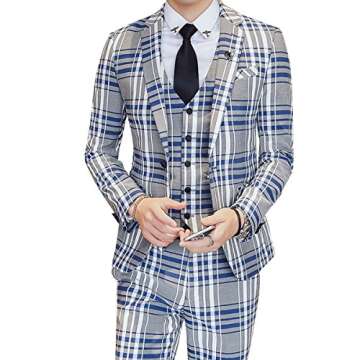 Mens 3 Piece Suit Check Plaid Slim fit One Button Formal Dress Blazer Jacket Tux Vest & Trousers