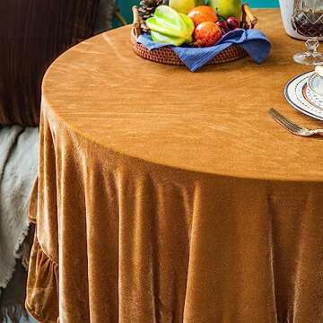 GLORY SEASON Velvet Tablecloth Luxurious Solid Round Table Cloth,Oblong Retro Farmhouse Ruffle Tablecloths Washable Table Cover for Party Wedding Baby Shower Kitchen Dinning Tabletop Decoration