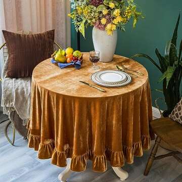 GLORY SEASON Velvet Tablecloth Luxurious Solid Round Table Cloth,Oblong Retro Farmhouse Ruffle Tablecloths Washable Table Cover for Party Wedding Baby Shower Kitchen Dinning Tabletop Decoration