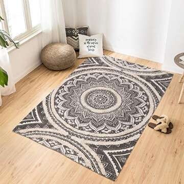 KIMODE Mandala Area Rug 4x6,Boho Rugs for Living Room Farmhouse Bohemian Throw Rugs Grey Tufting Washable Cotton Bedroom Rug for Children Playroom/Patio