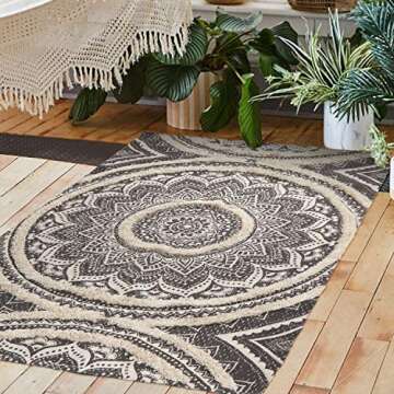 KIMODE Mandala Area Rug 4x6,Boho Rugs for Living Room Farmhouse Bohemian Throw Rugs Grey Tufting Washable Cotton Bedroom Rug for Children Playroom/Patio