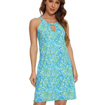 Valpeak Halter Dresses for Women Beach Casual Floral Sun Dress Sleeveless Summer Midi Tank Dress Coverup UPF50+ (Green,S)