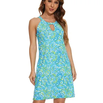 Valpeak Halter Dresses for Women Beach Casual Floral Sun Dress Sleeveless Summer Midi Tank Dress Coverup UPF50+ (Green,S)