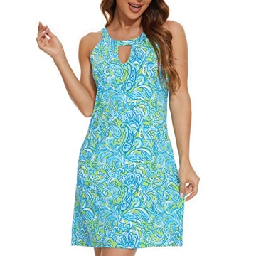 Valpeak Halter Dresses for Women Beach Casual Floral Sun Dress Sleeveless Summer Midi Tank Dress Coverup UPF50+ (Green,S)