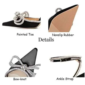 AMINUGAL Womens Rhinestones Bow Heeled Sandals Ankle Strap Slingback Pointed Toe Stiletto High Heels Pumps Shoes For Wonen