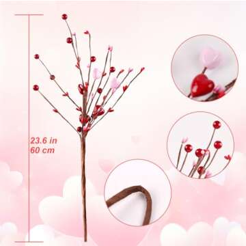 N&T NIETING 6 Valentines Day Decorations 24 in Artificial Flowers Berry Twig Stem, Heart Shaped Berry Picks Fake Flowers Bulk Branches Valentine's Day Gifts Anniversary Wedding Home Decor(Mix)