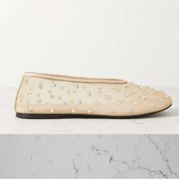 Yishaweiqi Apricot Crystal Rhinestone Ballet Flats for Women Breathable Mesh Flats Slip On Ballerina Shoes Comfortable Casual Dress Shoes