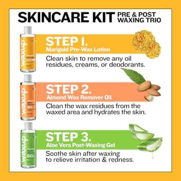 waxup Pre and Post Waxing Care Kit: Marigold Cleanser, Almond Oil Wax Remover, Aloe Vera Cooling Gel for Hair Removal