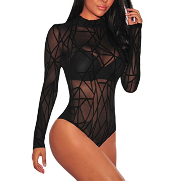 JomeDesign Women's Long Sleeve Sheer Mesh Black Bodysuit Tops Clubwear