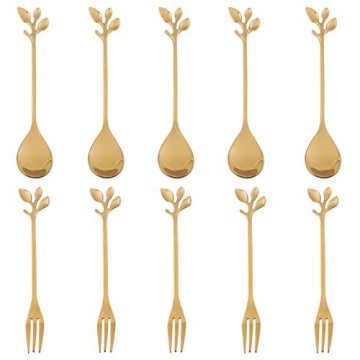AnSaw 10-Pc Gold Mini Spoons & Forks Set, 4.7" - Stainless Steel, Leaf Handle, Ideal for Coffee,Tea,...