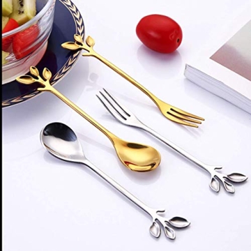 AnSaw 10-Pc Gold Mini Spoons & Forks Set, 4.7" - Stainless Steel, Leaf Handle, Ideal for Coffee,Tea, Appetizers, Tastings, Parties, Charcuterie & Cocktails