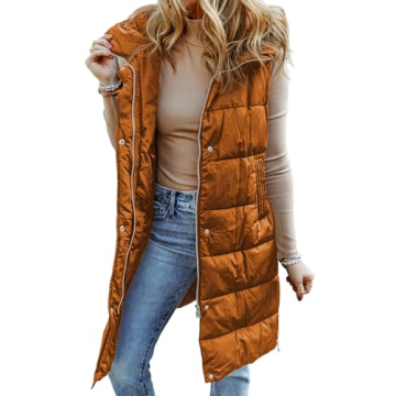 EVALESS Casual Long Puffer Vest Quilted Hooded Fall Fashion Sleeveless Zip Up Jacket Down Vest Winte...