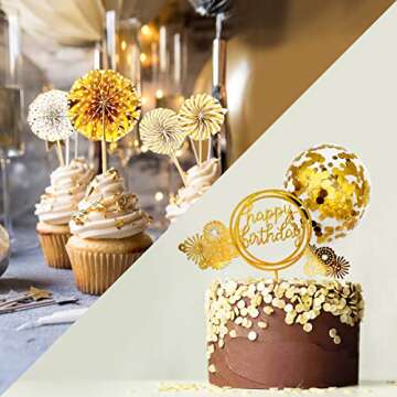 MOVINPE Gold Cake Topper Cake Decoration Happy Birthday Paper Fans Banner Confetti Balloon Fireworks Golden Cupcake Topper for Gold Theme Party Decor Girl Boy Kid Women Man