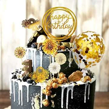 MOVINPE Gold Cake Topper Cake Decoration Happy Birthday Paper Fans Banner Confetti Balloon Fireworks Golden Cupcake Topper for Gold Theme Party Decor Girl Boy Kid Women Man