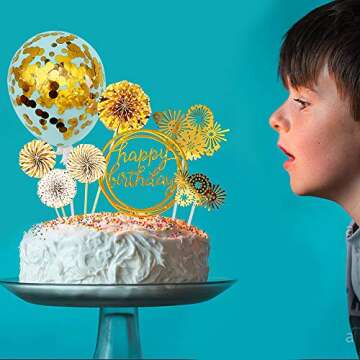 MOVINPE Gold Cake Topper Cake Decoration Happy Birthday Paper Fans Banner Confetti Balloon Fireworks Golden Cupcake Topper for Gold Theme Party Decor Girl Boy Kid Women Man