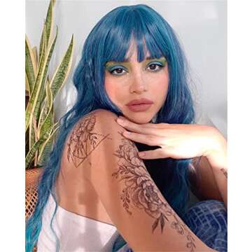 Netgo Teal Wig for Women, Dark Blue Wig with Bangs, Long Fluffy Curly Wavy Blue Hair Wigs for Girl Synthetic Daily Cosplay Party Wigs