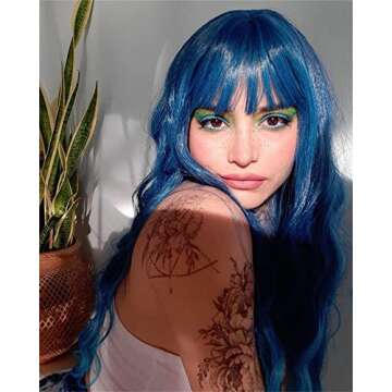 Netgo Teal Wig for Women, Dark Blue Wig with Bangs, Long Fluffy Curly Wavy Blue Hair Wigs for Girl Synthetic Daily Cosplay Party Wigs