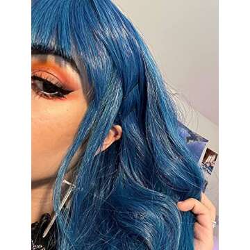 Netgo Teal Wig for Women, Dark Blue Wig with Bangs, Long Fluffy Curly Wavy Blue Hair Wigs for Girl Synthetic Daily Cosplay Party Wigs