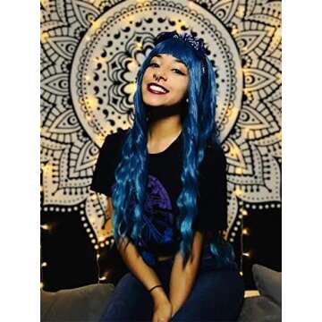 Netgo Teal Wig for Women, Dark Blue Wig with Bangs, Long Fluffy Curly Wavy Blue Hair Wigs for Girl Synthetic Daily Cosplay Party Wigs