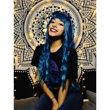 Netgo Teal Wig for Women, Dark Blue Wig with Bangs, Long Fluffy Curly Wavy Blue Hair Wigs for Girl Synthetic Daily Cosplay Party Wigs